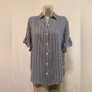 Beach lunch lounge Navy and White Striped Shirt with ruffled sleeves